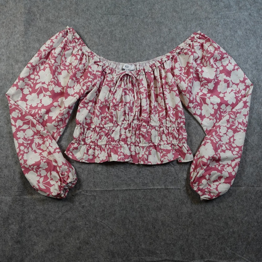 NSR Top Womens Medium Peasant Floral Balloon Sleeve Cropped Coquette Cottagecore